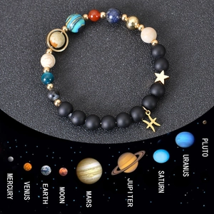 Educational detail of planetary beaded bracelet with natural stones and zodiac charms