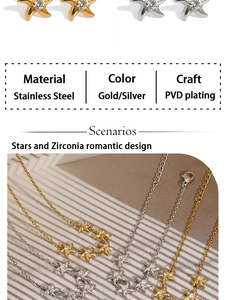Detail view of gold star jewelry set with zircon necklace and earrings in PVD plating
