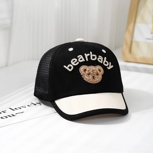 Detail of cute bearbaby embroidery on two-tone mesh toddler baseball sun cap