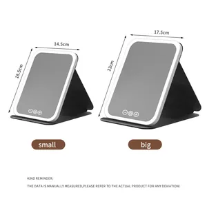 Detailed size chart showing small and big portable LED makeup mirror dimensions