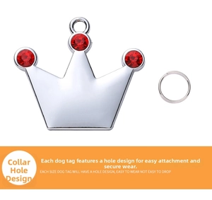 Detailed view of crown shaped pet tag with polished finish and red rhinestone accents