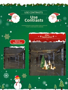 Detail of green Christmas tree window stickers with golden snow and Merry Christmas text