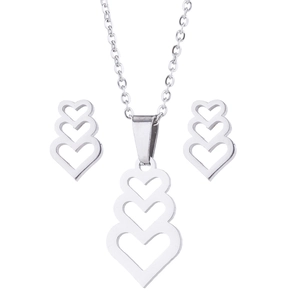 Detailed view of silver heart necklace and matching stud earrings jewelry set