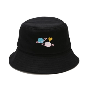Black cotton bucket hat with colorful planet embroidery on a clean white background