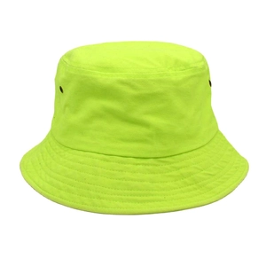 Close-up of fluorescent green washed cotton bucket hat with breathable metal eyelets
