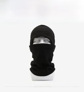 Front view of black tactical fleece neck gaiter and hood on a white display model