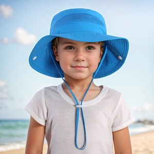 Close-up of sky blue kids sun hat with breathable mesh and adjustable chin strap