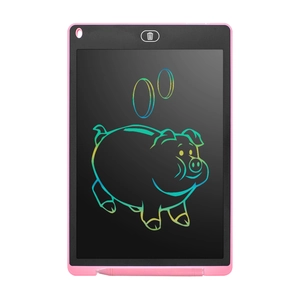 Pink LCD writing tablet for kids featuring colorful pig drawing and matching stylus
