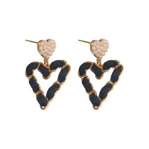Vintage gold-plated heart earrings with white faux pearls and black woven leather detail