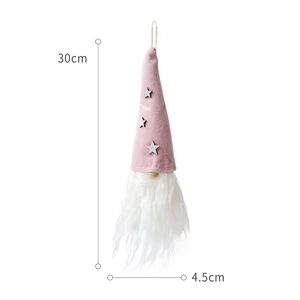 Pink Christmas gnome hanging ornament with star hat and long white beard, 30cm detail view