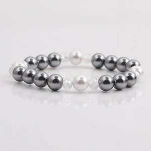 Elegant beaded bracelet with grey pearls, white pearls, and clear faceted crystal beads
