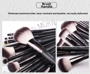Detailed view of makeup brush handles with clear function labels and fiber bristles