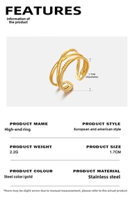 Détails de la bague en acier inoxydable plaqué or 18K avec poids 2,2g et taille 1,7cm réglable