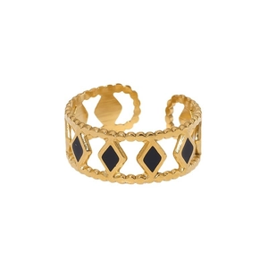 18K gold-plated stainless steel open ring with a black rhombus enamel geometric design