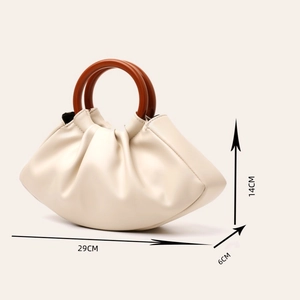 Beige pleated PU leather cloud bag with wooden handle and detailed size 29x14x6 cm specs