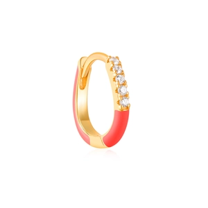 Detailed macro view of S925 sterling silver huggie earring with zircons and coral enamel