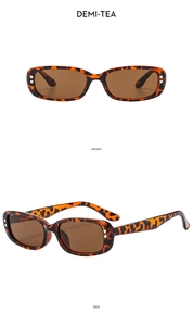 Front and side view of demi-tea tortoiseshell rectangular sunglasses with silver heart accents