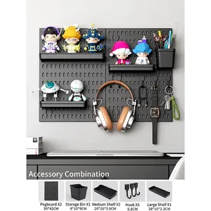 Modular black pegboard wall organizer system with shelves and hooks for home storage