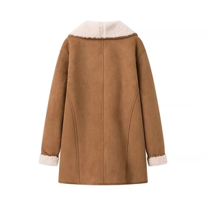 Back view of brown suede jacket with white faux shearling collar and cuffs detail