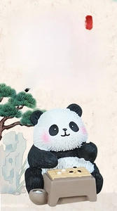 Detailed resin panda figurine playing Go chess with traditional Chinese ink painting background