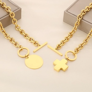 Ensemble De Bijoux Collier Bracelet En Acier Inoxydable Fermoir À Bascule OT Pendentif Disque Rond Croix Minimaliste Mode