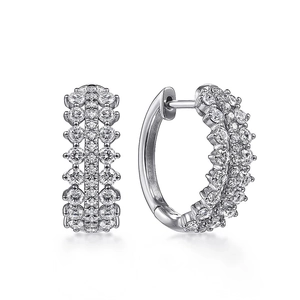 Minimalist double row cubic zirconia hoop earrings in polished silver finish for women