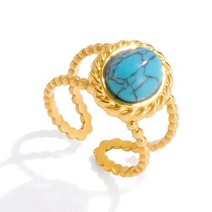 18K gold stainless steel ring featuring oval turquoise and adjustable twisted rope band
