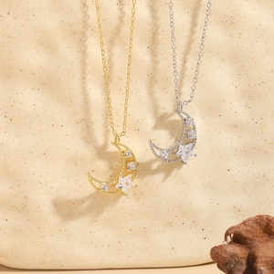 Star and moon zircon necklace pendants in gold and silver plating on ceramic base
