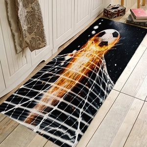 Long runner rug featuring a dynamic soccer ball hitting net against a starry background