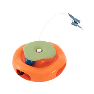 Automatic cat toy with orange track base, rolling blue ball and rotating butterfly stirrer