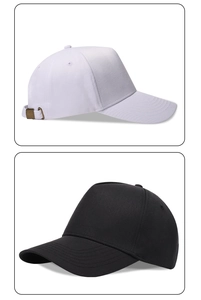Detail of adjustable metal buckle on classic cotton baseball caps in black and white