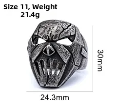 Dimensioni tecniche dell'anello maschera teschio con altezza 30mm e larghezza 24,3mm