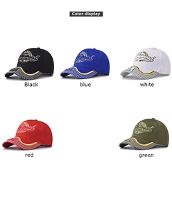 Detailed color display of baseball caps featuring CA embroidery in five different colors