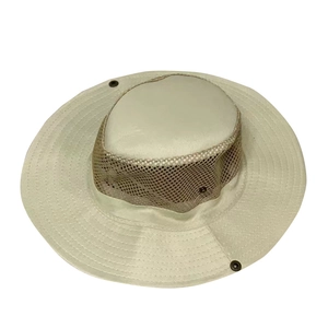 Detail of outdoor sun hat featuring breathable mesh crown and snap buttons on the brim