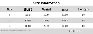 Detailed size guide table for backless slim fit maxi dress with bust and waist measurements