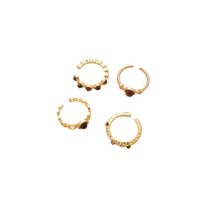 4-piece gold plated tiger eye ring set with wave bead, rope and hammered textures