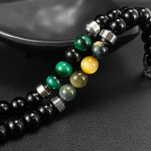 Mens stainless steel beaded bracelet with natural green and yellow tiger eye stones