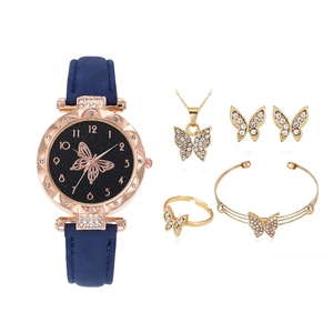 Σετ γυναικείο ρολόι 5 τεμαχίων rose gold με κοσμήματα πεταλούδα και έναστρο καντράν
