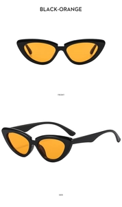 Detailed front and side views of black cat-eye sunglasses with orange lenses