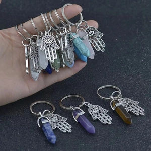 Hamsa Hand keychain with natural hexagonal crystal pillars in various colors and silver finish
