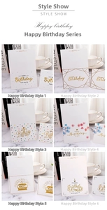 Detailed view of six gold-stamped birthday greeting card designs with floral patterns