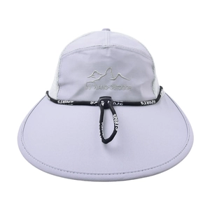 Detail of light grey sun hat featuring breathable mesh panels and a wide brim
