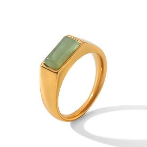 Detailed close-up of a gold stainless steel ring with a rectangular green natural stone