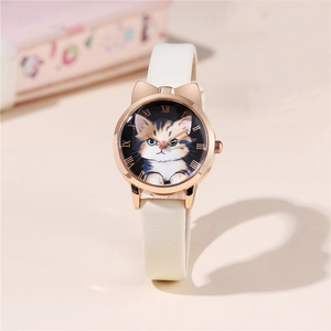 Cute cat-ear rose gold watch with Roman numerals and white leather strap for girls