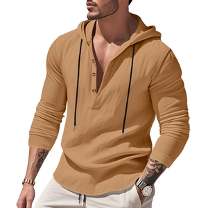 Detail of khaki men's long sleeve hooded linen shirt with V-neck buttons and black drawstrings