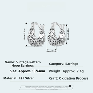 Detail view of retro S925 sterling silver hoop earrings with precise dimensions and specs
