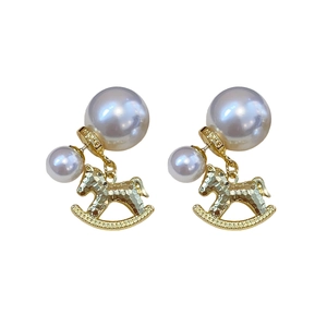 Elegant S925 silver earrings featuring white pearls and golden rocking horse charms