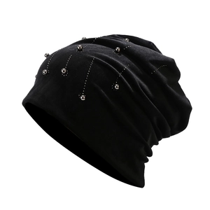 Black velvet slouchy beanie with silver pearls and rhinestones for winter warmth