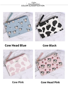 Collage of four cute cow pattern slim wallets with zippers and decorative wrist straps