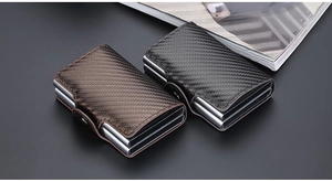 Dual layer carbon fiber RFID card holder with automatic pop-up mechanism and snap closure